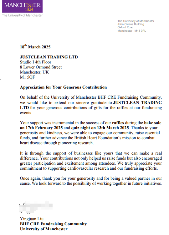 Letter of Appreciation from The University of Manchester
